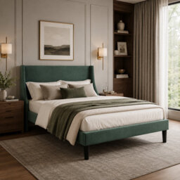 Double Velvet Bed With Winged Headboard And Wood Slat Support - thumbnail 3