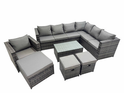 Fimous Patio Sofa Oblong Coffee Table Set Rattan Garden Furniture Set With 3 Stools Chair Dark Grey Mixed - image 1