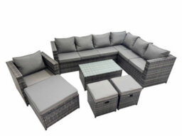 Fimous Patio Sofa Oblong Coffee Table Set Rattan Garden Furniture Set With 3 Stools Chair Dark Grey Mixed - thumbnail 1