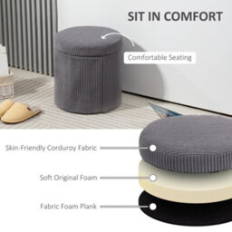 Homcom Round Storage Ottoman With Lid, Vanity Stool With Storage, Grey - thumbnail 5