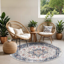 Livabliss Round Huntington Beach-Vintage Blue Beige Orange In- & Outdoor Rug 160 X 160 Cm Easy Care, Non Shedding - thumbnail 2