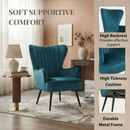 Evre Velvet Armchair, Large High Back Accent Reading Chairs For Living Room, Bedroom Or Office, Teal - thumbnail 3