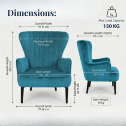 Evre Velvet Armchair, Large High Back Accent Reading Chairs For Living Room, Bedroom Or Office, Teal - thumbnail 2