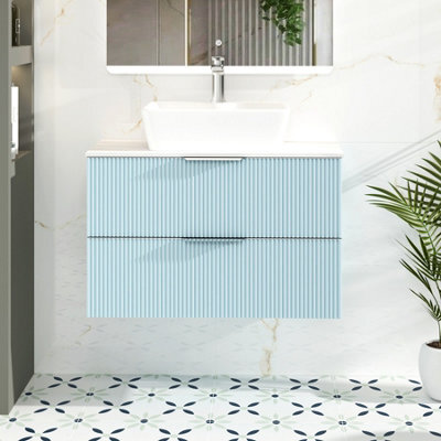 Royal Bathrooms Evora 800mm Powder Blue Fluted Wall Hung Vanity Unit 2 Drawer With Countertop Basin - Cube - image 1
