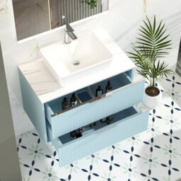 Royal Bathrooms Evora 800mm Powder Blue Fluted Wall Hung Vanity Unit 2 Drawer With Countertop Basin - Cube - thumbnail 3