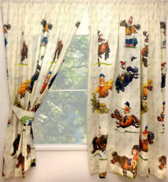 "66"" X 54"" Thelwell Antics Pencil Pleat Curtain Set Equestrian Cartoon Horses Pony Comic, Cream" - thumbnail 3