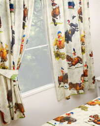 "66"" X 54"" Thelwell Antics Pencil Pleat Curtain Set Equestrian Cartoon Horses Pony Comic, Cream"