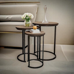 Pirlo Plush 3 Pc Wooden Nest Of Tables Industrial Wooden Living Room Furniture - thumbnail 2