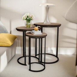Pirlo Plush 3 Pc Wooden Nest Of Tables Industrial Wooden Living Room Furniture - thumbnail 3