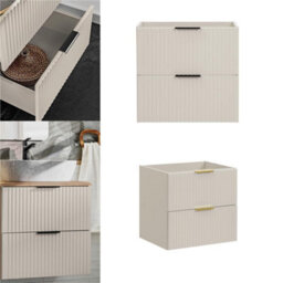 Impact Furniture Bathroom Vanity Unit 600mm Sink Cabinet Beige Cashmere Modern Wall Floating Fluted Ribbed Drawers Storage Adel