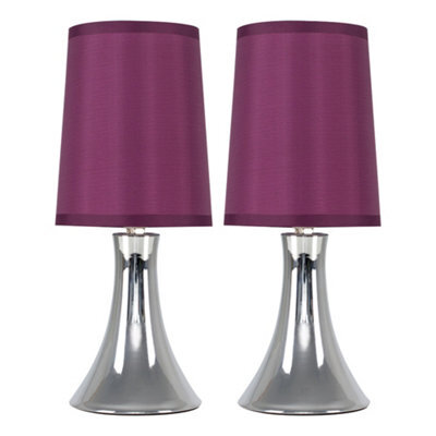 Valuelights Pair Of Modern Chrome Trumpet Touch Table Lamps Bedside Lights With Purple Fabric Shades - image 1