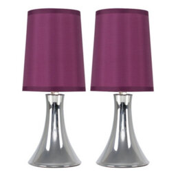 Valuelights Pair Of Modern Chrome Trumpet Touch Table Lamps Bedside Lights With Purple Fabric Shades