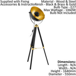 Elegant Tripod Floor Lamp With Black Wood And Gold Dome Shade - thumbnail 2