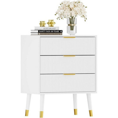 3 Drawer White Modern Fluted Chest Of Drawers 3 Deep Drawer Storage Cabinet With Gold Handles - image 1