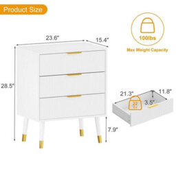3 Drawer White Modern Fluted Chest Of Drawers 3 Deep Drawer Storage Cabinet With Gold Handles - thumbnail 2