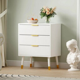 3 Drawer White Modern Fluted Chest Of Drawers 3 Deep Drawer Storage Cabinet With Gold Handles - thumbnail 3