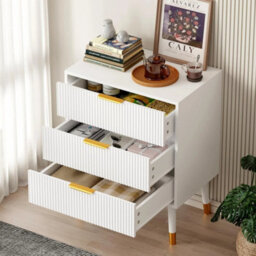 3 Drawer White Modern Fluted Chest Of Drawers 3 Deep Drawer Storage Cabinet With Gold Handles - thumbnail 5