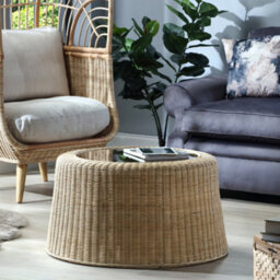 Desser Woven Round Natural Rattan Coffee Table With Glass Top - thumbnail 2