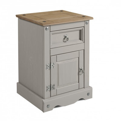 Mercers Furniture Corona Grey Wax Medium Pot Cupboard Bedside 1 Door 1 Drawer Cabinet Table Solid Wood Pine Wooden Mexican Styling - image 1