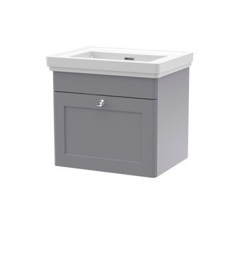 Balterley Swynnerton Traditional 1 Drawer Wall Hung Vanity Unit With Basin, Satin Grey, 500mm - image 1