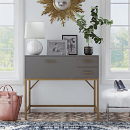 Gr8 Home Cosmoliving Wooden Grey Lennon Console Bar Table Desk Unit With Storage Drawers