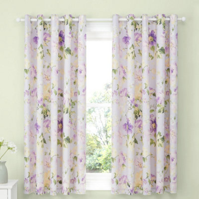 Dreams & Drapes Florette Hand Painted Floral Print Light Filtering Lilac Eyelet Curtains - image 1