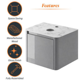 Plum&clay Mayfair Gloss Light Grey Wall Hung Bathroom Vanity Unit With White Marble Countertop (W)650mm (H)406mm - thumbnail 6