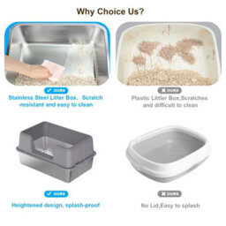 London Boutique 50X35X28Cm Stainless Steel Cat Litter Tray, Semi Enclosed High Sided Metal Cat Toilet, Removable Lid, Grey - thumbnail 6