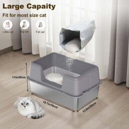 London Boutique 50X35X28Cm Stainless Steel Cat Litter Tray, Semi Enclosed High Sided Metal Cat Toilet, Removable Lid, Grey - thumbnail 2