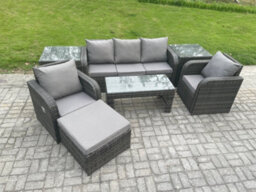 Fimous 6 Seater Rattan Garden Furniture Set With Rectangular Coffee Table 2 Side Tables Big Footstool Patio Outdoor Rattan Set - thumbnail 2
