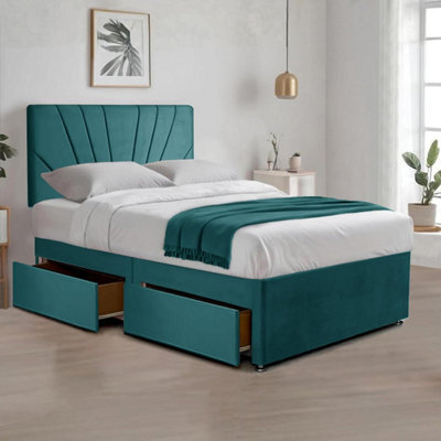 Emerald Green Plush Fabric Single Bed With 20 Inches Sunrise Headboard 2 Storage Drawers And Spring Memory Foam Mattress