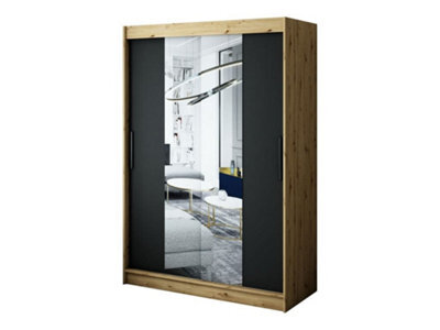 Arte Leto T1 Contemporary 2 Sliding Mirror Door Wardrobe 5 Shelves 2 Rails Black Matt And Oak Effect (H)2000mm (W)1500mm (D)620mm - image 1