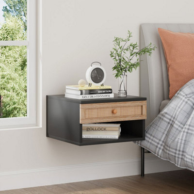 Thehotsale Black Floating Bedroom Nightstand With Pseudo-Rattan Drawer 40Cm X 40Cm X 23Cm - image 1