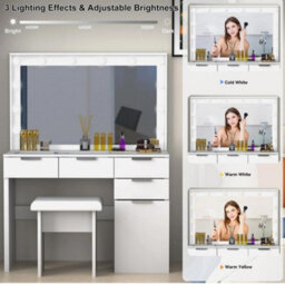 Dressing Table With 3 Colors Hollywood Led Mirror And Glass Top Vanity Table - thumbnail 4