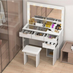 Dressing Table With 3 Colors Hollywood Led Mirror And Glass Top Vanity Table - thumbnail 3