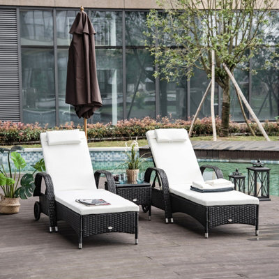 Outsunny 3 Pcs Rattan Lounger Recliner Bed Garden Furniture Set W/ Side Table - image 1