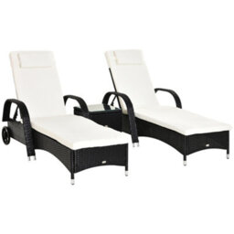 Outsunny 3 Pcs Rattan Lounger Recliner Bed Garden Furniture Set W/ Side Table - thumbnail 2
