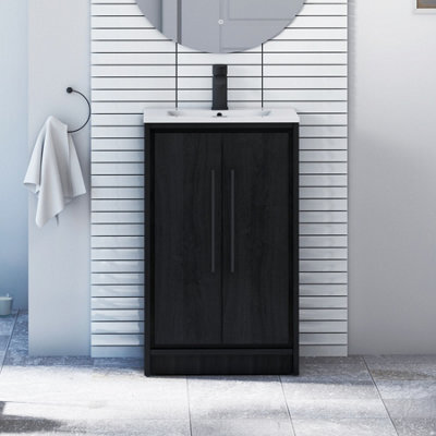 Royal Bathrooms Livora 500mm Walnut Woodgrain Floor Standing Vanity Unit 2 Door With Minimalist Basin & Matt Black Handle - image 1
