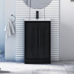 Royal Bathrooms Livora 500mm Walnut Woodgrain Floor Standing Vanity Unit 2 Door With Minimalist Basin & Matt Black Handle