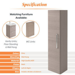 Plum&clay Emery Wall Hung Textured Grey Tall Bathroom Cabinet With Chrome Bar Handle (H)120Cm (W)35Cm - thumbnail 5