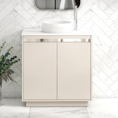 Royal Bathrooms Orion 800mm Warm Taupe Floor Standing Plain White Countertop Vanity Unit 2 Door With Round Basin & Chrome Accent Trim - image 1