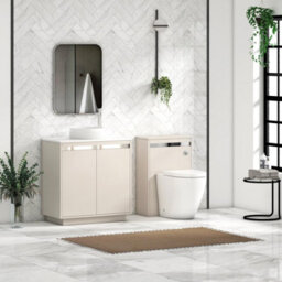 Royal Bathrooms Orion 800mm Warm Taupe Floor Standing Plain White Countertop Vanity Unit 2 Door With Round Basin & Chrome Accent Trim - thumbnail 3