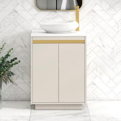 Royal Bathrooms Orion 600mm Warm Taupe Floor Standing Plain White Countertop Vanity Unit 2 Door With Nova Basin & Brushed Brass Accent Trim - image 1