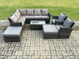 Fimous 10 Seater High Back Outdoor Garden Furniture Set Rattan Corner Sofa Set With Rectangular Coffee Table 2 Big Footstool - thumbnail 2