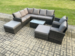 Fimous 10 Seater High Back Outdoor Garden Furniture Set Rattan Corner Sofa Set With Rectangular Coffee Table 2 Big Footstool - thumbnail 1