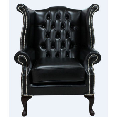 Chesterfield High Back Wing Chair Old English Black Leather Bespoke In Queen Anne Style - image 1