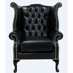 Chesterfield High Back Wing Chair Old English Black Leather Bespoke In Queen Anne Style - thumbnail 1