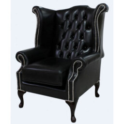 Chesterfield High Back Wing Chair Old English Black Leather Bespoke In Queen Anne Style - thumbnail 2
