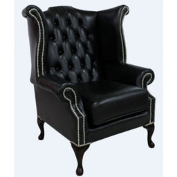 Chesterfield High Back Wing Chair Old English Black Leather Bespoke In Queen Anne Style - thumbnail 3