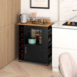 Island Rolling Storage Cabinet Trolley Cart Shelves-Black Kitchen - thumbnail 6